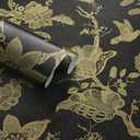Kitico 17.3''x197'' Peel and Stick Wallpaper Black Floral Wallpaper Boho Bird Wall Paper Self Adhesive Removable Contact Paper for Countertops Black and Gold Waterproof for Bedroom Bathroom
