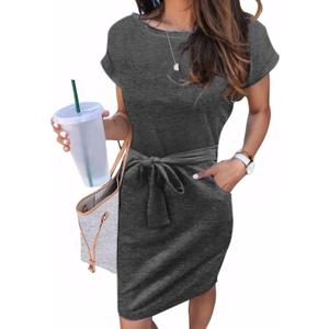 Arolina Womens Summer Short Sleeve Striped T Shirt Dress Casual Midi Dresses Crewneck Tie Waist with Pockets (XX-Large, Dark Grey)