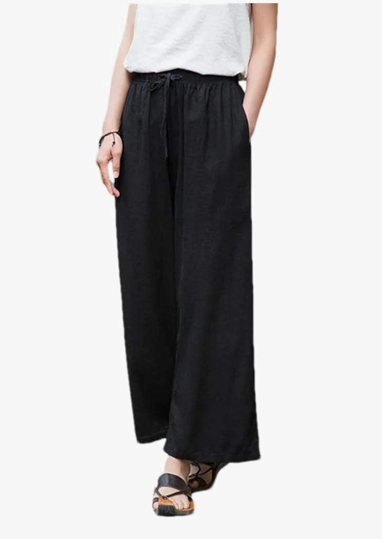 Hndudnff Women Cotton Linen Wide Leg Pants with Pockets Work Trousers Loose Ankle-Length Casual Pants, Size L