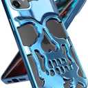 for iPhone 12 Phone Case for Men Women, Cool Skull Skeleton Funny Gothic Hollow Phone case for Apple 12 Cute Hollowed Plated Shockproof Cover for Boys Girls, Sierra Blue