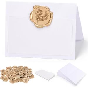 50 Pack Place Cards with Antique Gold Wax Seal Sticker, Name Cards for Table Setting, 4x3 inches Table Tent Card Stock Decor for Party, Wedding Dinner & Events (Pearlescent White)