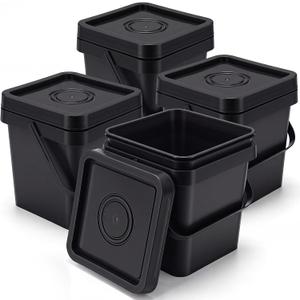 4 Pcs Plastic Bucket with Lid 5 Quart Square Bucket, Black