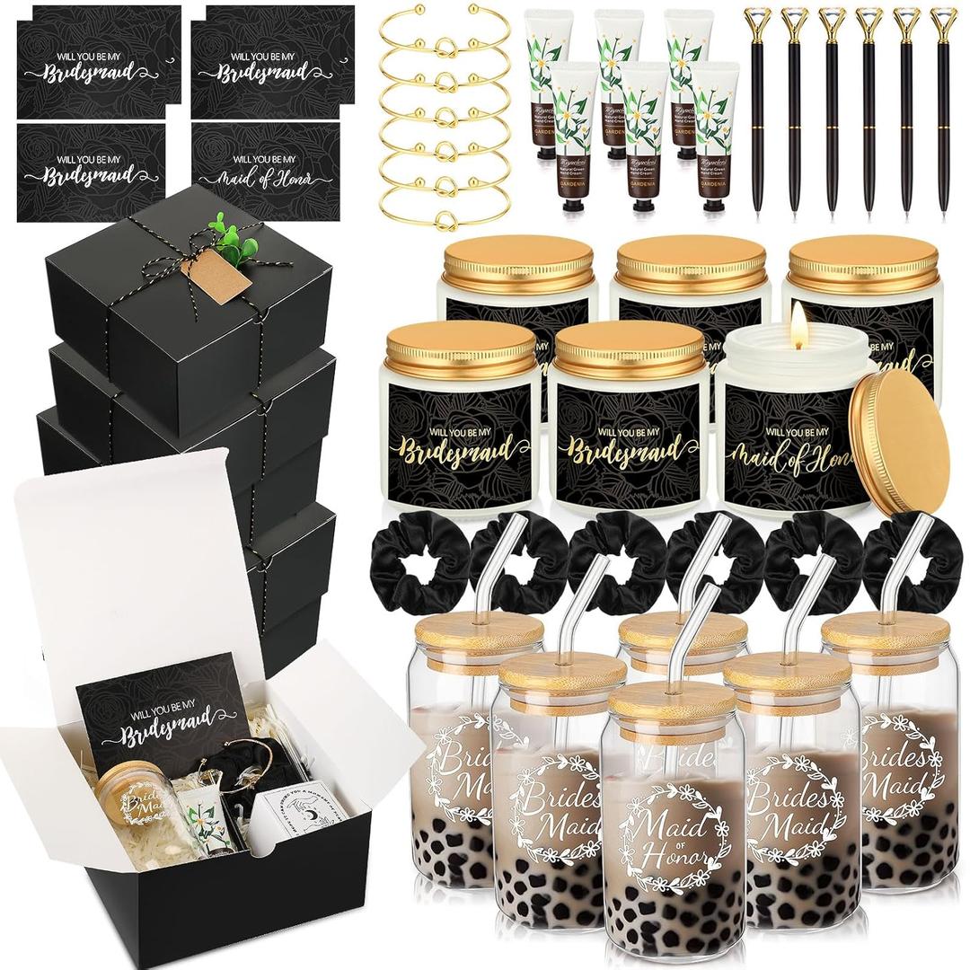 60 Pcs Bridesmaid Proposal Gifts Bridesmaid Box Set, Maid of Honor Gifts Include Box Glass Cup Candle Cards Scrunchies Hair Knotted Bracelets Hand Cream Diamond Pens(Black)