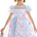 Arshiner Toddler Girls Dress Contrast Mesh Puff Short Sleeve Flowy Bubble Hem Organza Casual Party Dresses, 4-5T, Blue Pink Tie Dye