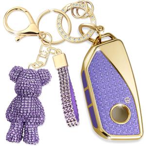Cute Key Fob Cover with Rhinestone Bear Charm, Bling TPU Smart Key Case for Women, Compatible with BMW IX X6 I7 X7 I5 X5 M60 7 Series 2023-2024 (3-Button,Gold Purple)