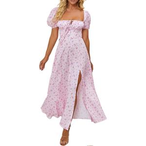 Women's Summer Puff Sleeve Floral Split Maxi Dress Flowy A Line Casual Beach Long Dresses 2026, L