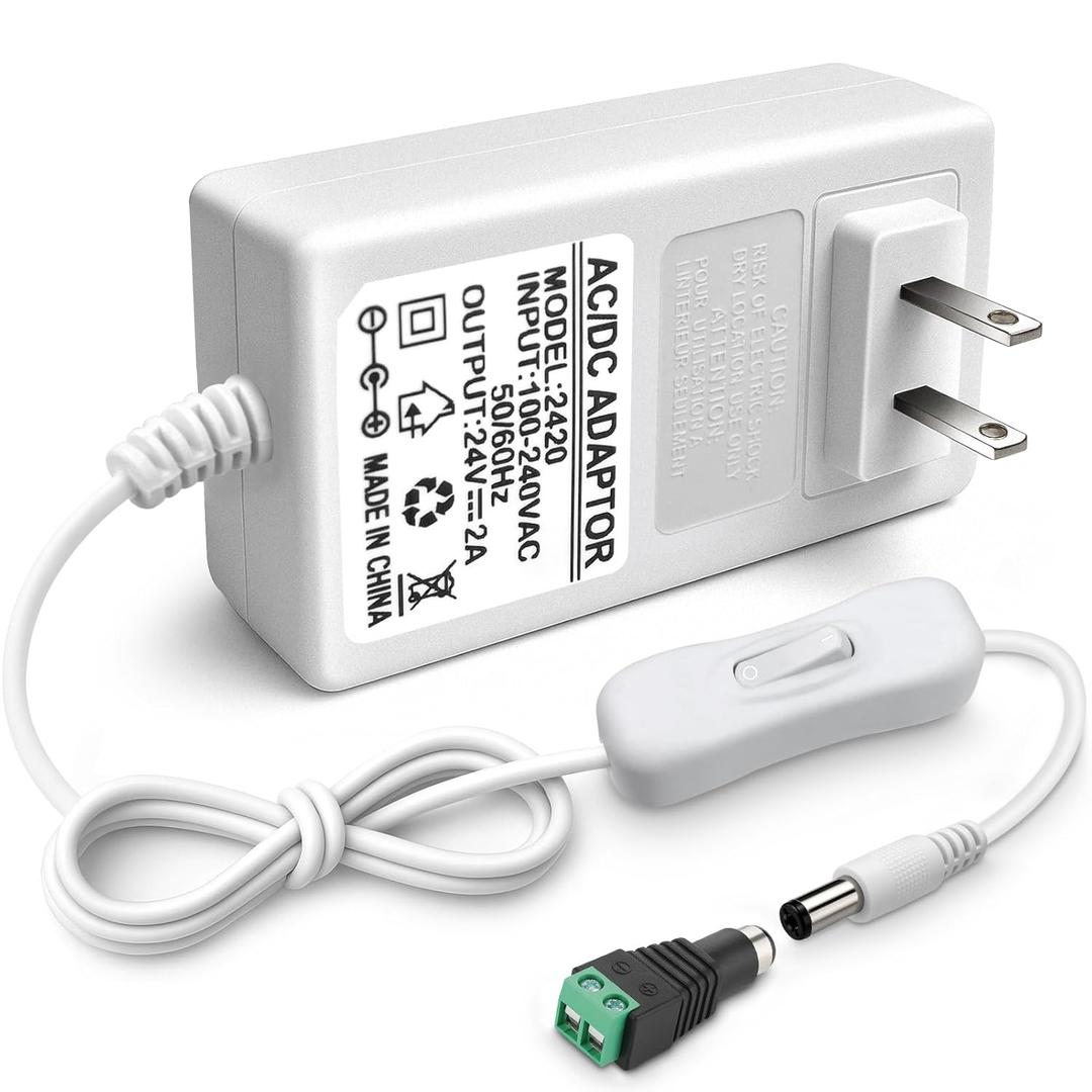 24V 2A Power Supply, 48W 24 Volt DC Power Adapter with On/Off Switch, 110V AC to 24V Transformer Plug for LED Strip Lights with 5.5x2.1mm DC Female Connector