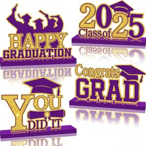 4Pcs Graduation Decorations Class of 2025 Wood Table Centerpieces Congrats Grad Wooden Sign Graduation Table Toppers Congratulate Tiered Tray Decor for 2025 Graduation Party (Purple-Gold)