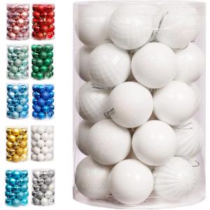 Lulu Home Christmas Ball Ornaments, 34 Ct 1.57" Pre-Strung Hanging Ornament Decorations, Xmas Shatterproof Plastic Balls for Holiday Party Wreath Garlands Trees, White