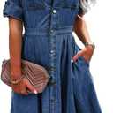 Women Denim Shirt Dress V Neck Short Sleeve Long Bottom Down A-Line Jeans Dresses with Pockets (Medium, Deep Blue)