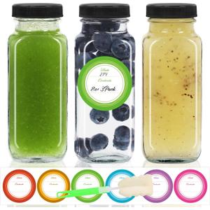 STARSIDE 8 oz 3 Pack Glass Juice Bottles with Lids - Square Reusable Drinking Jars for Juicing, Milk, Kombucha - Includes 1 Bottle Brush, 6 Colored Labels