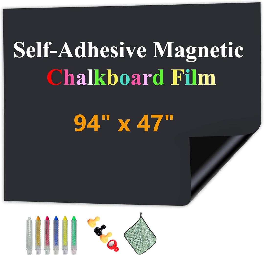 Magnetic Chalkboard Contact Paper with Adhesive, 94" x 47" Magnetic Blackboard Film for Walls, Peel and Stick  Ideal for Office, Classroom, Home. Includes Dustless Chalk, Wiping Cloth, and Magnet