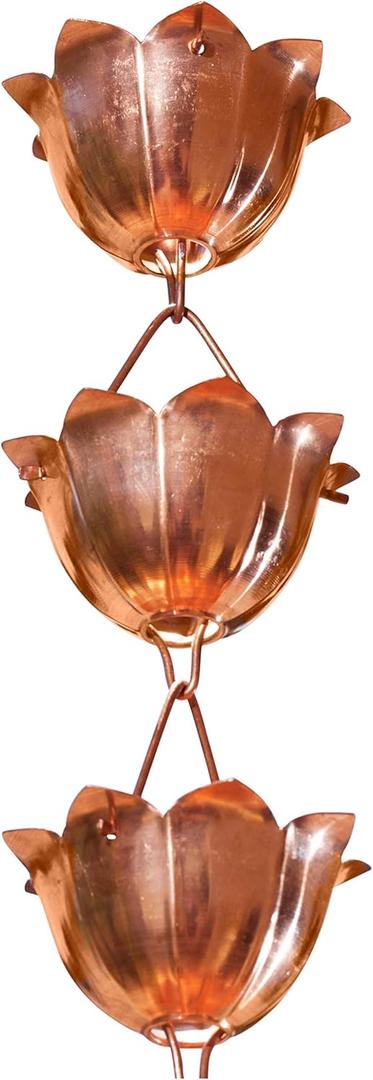 Monarch Rain Chains Pure Copper Lotus Rain Chain, 8.5 ft Decorative Rain Catcher Chain for Gutters, Large Rain Chains for Outside, Rain Gutter Replacement Downspout