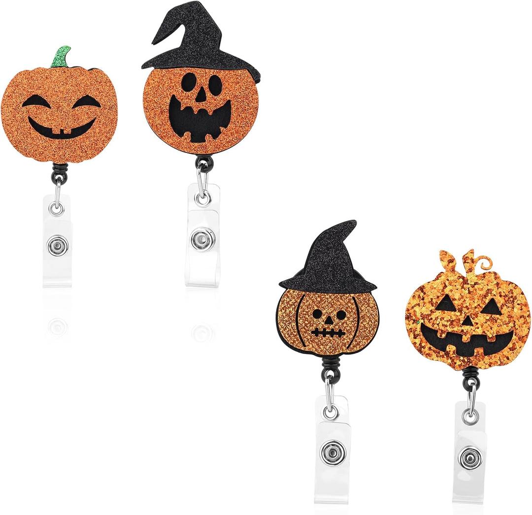 2 x 4pcs Halloween Funny Pumpkin Badge Reels, Id Badge Holder Fall Party Badge Reel Retractable Badge Fixed Scroll for Students Lanyard Supplies Halloween Party