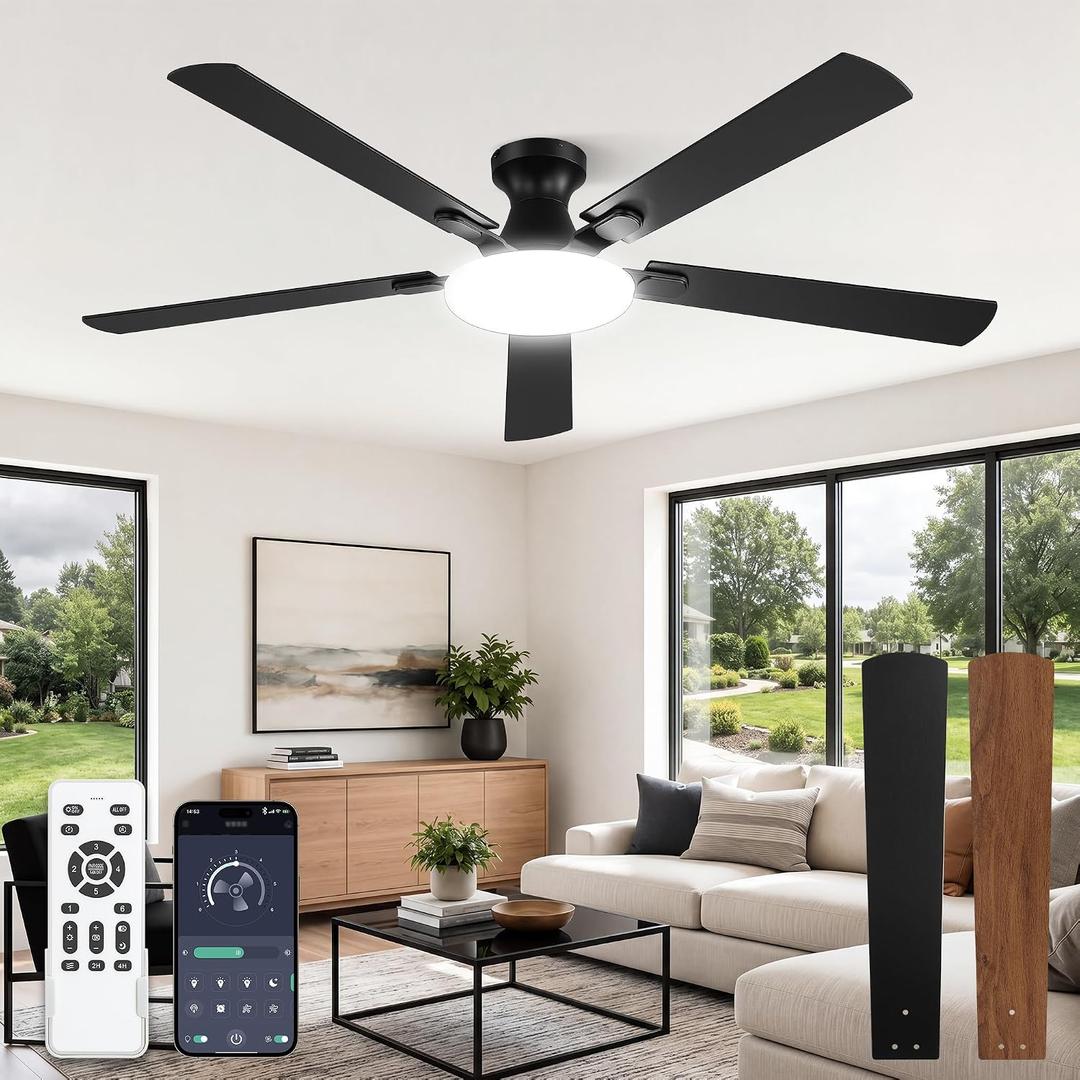 LEDIARY 60 Inch Flush Mount Ceiling Fans with Lights, Remote & APP Control