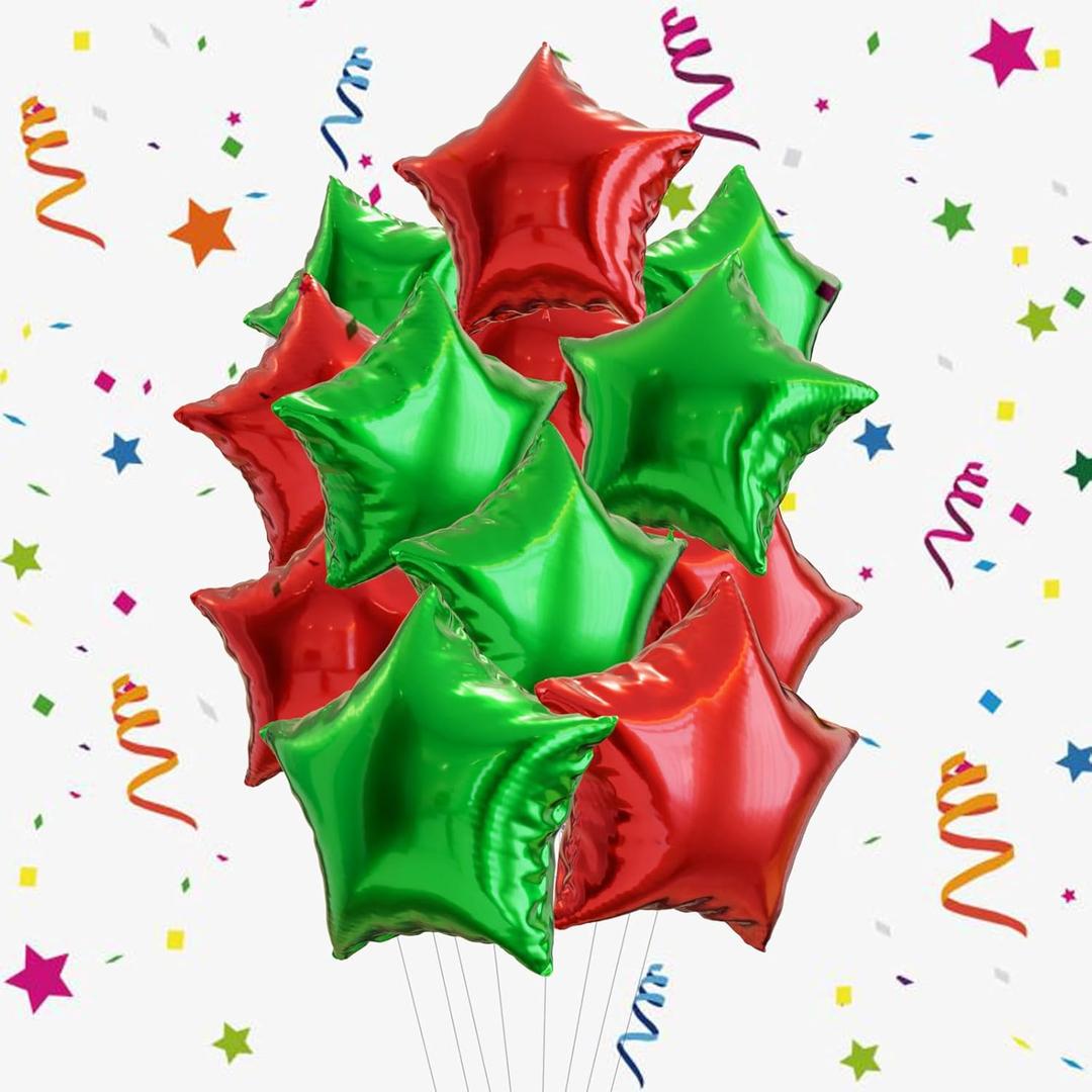 15Pcs Star Balloons - 18 inch Red Green Stars Balloon - Star Foil Balloons for Christmas Birthday Decorations - Stars Mylar Balloon Outdoor Christmas Decorations