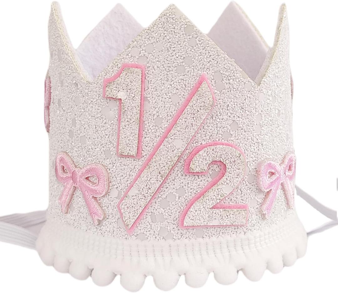Pink Bow 1/2 Birthday Crown, 6 Months Decorations for Baby Girls, Little Princess Crown for Cake Smash, Bow Themed Half Birthday Hat Photo Props, 1/2 Way To One Decoration
