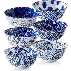 Ceramic Soup Bowls Set - 24 Oz Deep Cereal Bowl for Kitchen - 6 Inch Large Porcelain Dinner Bowl Eating Salad Pasta Dessert Oatmeal - Microwave Dishwasher Safe - Set of 6 - Vintage Blue