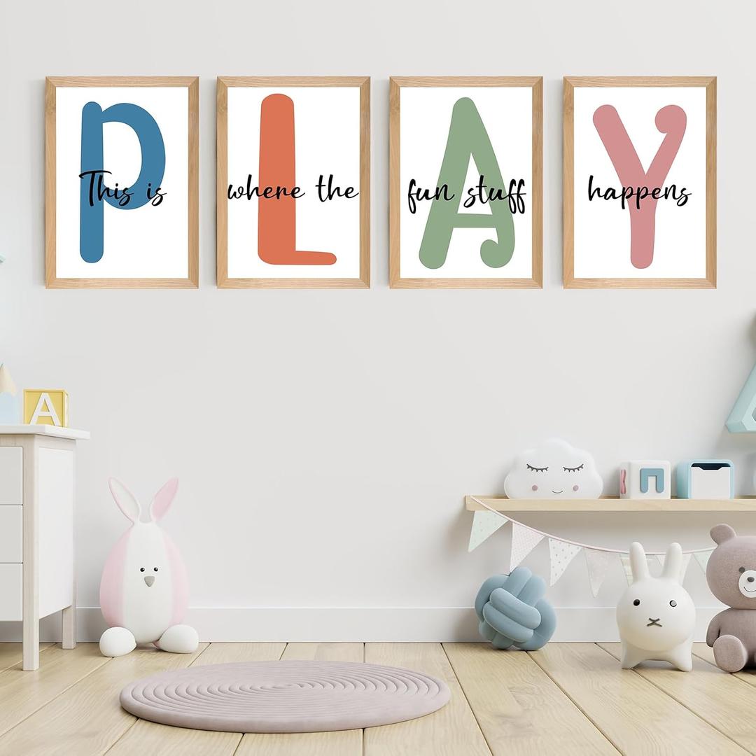 Set of 4 Framed Kids Playroom Wall Art Prints, 12x16' Toddler Nursery Children Artwork for Kids Bedroom Decoration