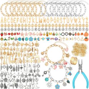 SANNIX 486Pcs Charm Bracelet Making Kit, Including 16 Bangles 228 Charms 240 Jump Rings and Pliers Tools for Crafts, Gold Silver Charm Chain for DIY Bracelet Making Supplies