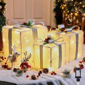 Brightown 3 Pieces Lighted Gift Boxes Outdoor Christmas Decorations, 12" 10" 8" with 60 Pre-Lit Mini String LightsFoldable LED Boxes with Bows for Tree Indoor Outdoor Party Yard Home Decor