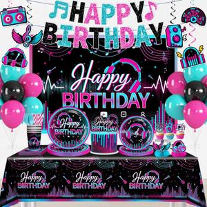 208pcs Karaoke Party Decorations Complete Tableware Set, for 25 Guests, Karaoke Birthday Party Decorations, Disposable Plates, Pre-strung Banner, Tablecloths for Music Birthday Decor