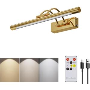 Picture Frame Light,16 inch Wireless Picture Lights Rechargeable for Wall with Remote,5000mAh 3CCT Dimmable and Timer Remote Art Lighting for Paintings for Pictures Display,Gold
