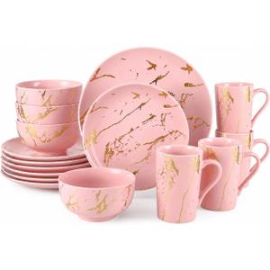 Pink Dinnerware Set for 4, 16-Piece Porcelain, Gold Marble