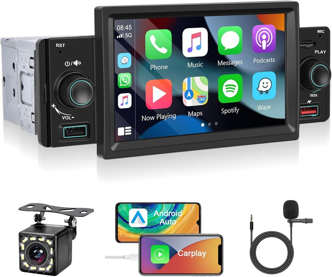 Podofo Single Din Car Stereo with Carplay Android Auto, 5 Inch HD IPS Touch Screen Bluetooth 5.1 Car Radio Audio Receiver Support Mirror Link FM TF/USB Voice Assistant 12LED Backup Camera