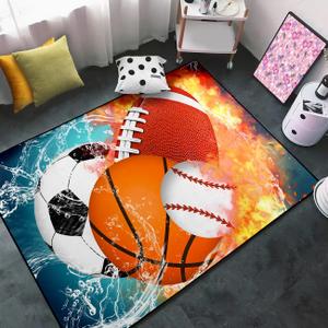 Basketball Rug for Boys Bedroom Kids Football Carpet Water Fire Sports Rugs for Boys Bedroom Baseball, Soccer Rug for Playroom Living Room Decor Sofa Mat, 2.5x4 Feet (Multi-587)