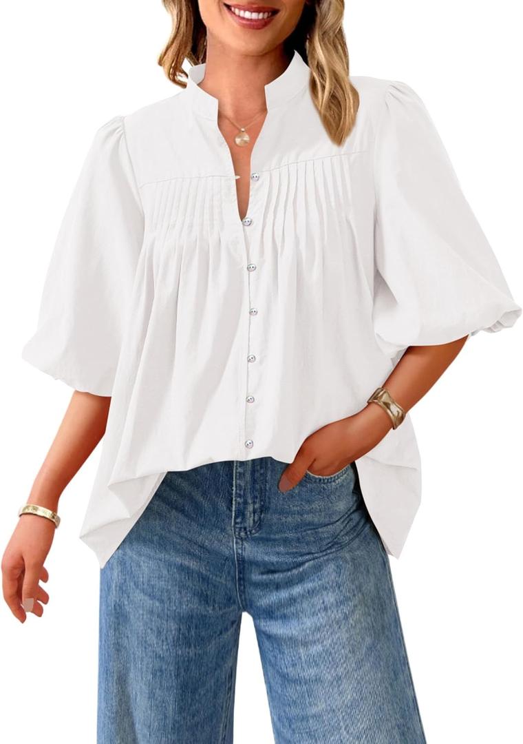 PRETTYGARDEN Women's 2026 Summer Short Lantern Sleeve Tops Loose Fit Button Down Shirt Pleated V Neck Blouses Trendy Clothes (Large, White)
