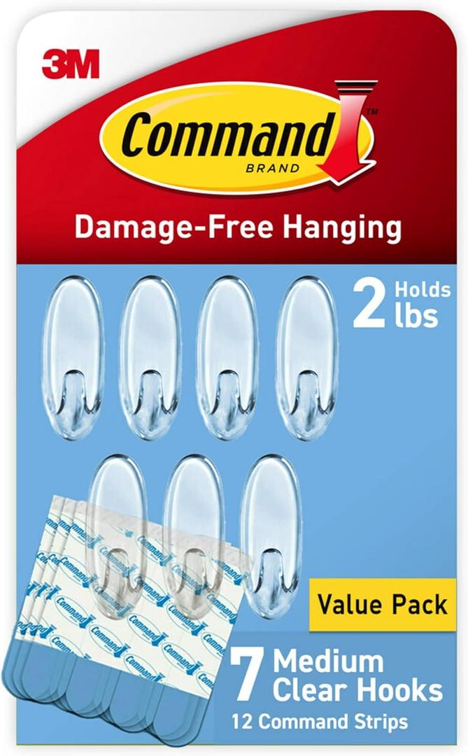 Command Medium Clear Wall Hooks, 7 Hooks and 12 Command Strips, Damage Free Hanging Wall Hooks with Adhesive Strips, Wall Hooks for Hanging Home Decor, Holds up to 2 lb