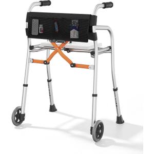 Walkers for Seniors with Seat,Front Wheel Walker Lightweight Quick Folding | Aluminum Rolling Walker with seat,Height Adjustable Standard Walker, 5"Wheels, Supports 350lbs,Compact Travel Walker (Silver)