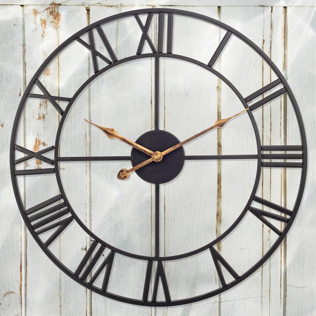 Outdoor Clocks for Patio, Large Outdoor Pool Clock, Vintage Metal Outdoor Clock Silent Battery Operated, European Industrial Skeleton Wall Clock for Backyard/Garden/Fence, 18 in (Roman Black)
