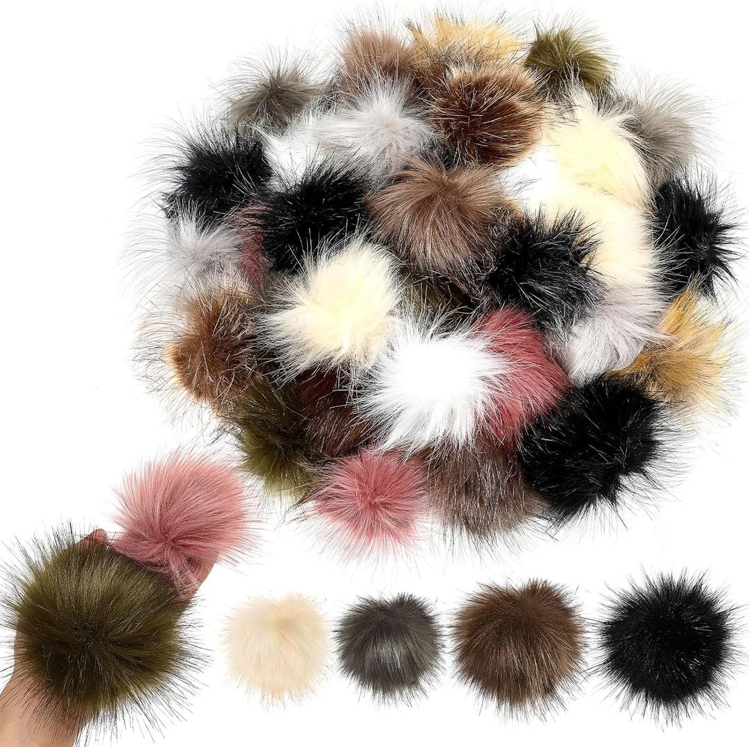 Halloscume 36 Small Faux Fur Pom Pom for Hat DIY Faux Fur Fluffy Pompom Balls, Includes 24 Pcs 2.4 in and 12 Pcs 3.9 in Pompoms for Hats Beanie Shoes Scarves Gloves Bags Accessories(Classic Color)