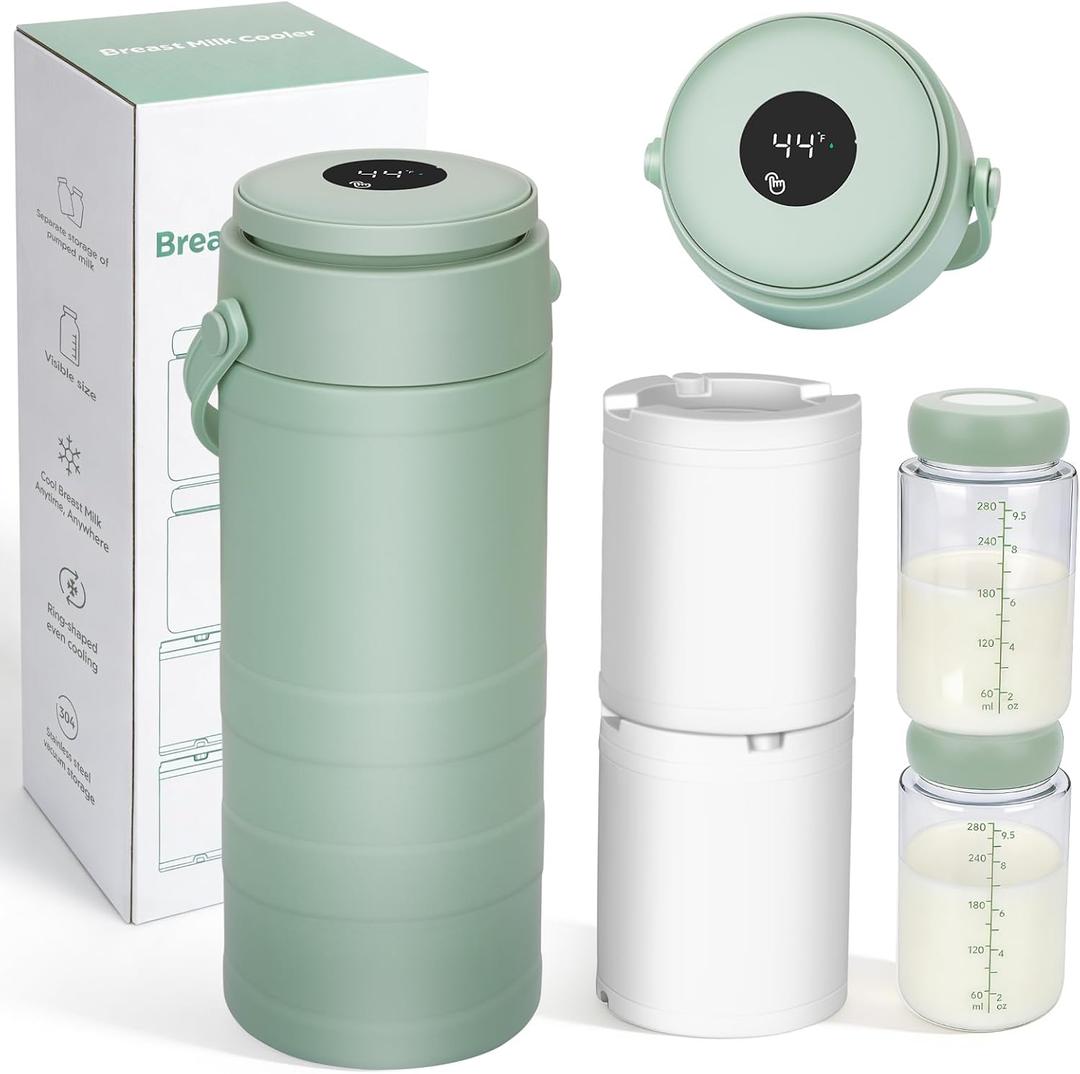 Portable Breast Milk Cooler for Outdoors & Work, 360 Total Cooling Keeps Milk Fresh for 24 Hours, 19oz Large Capacity Travel Breastmilk Chiller with Temp Display & 2pcs Bottle for Breastmilk Storage