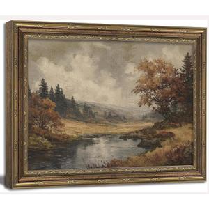 Vintage Gold Framed Landscape Canvas Wall Art Rustic Moody Lakeside Wall Decor Picture River Lake Nature Meadow Poster Print for Living Room Bedroom Farmhouse Bathroom Home Decoration 9x11in