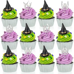 Geelin 12 Pcs Witch Hat and Crown Cake Topper Halloween Cupcake Toppers Dessert Food Safe Cake Decorations for Halloween Princess Theme Birthday Party Favors Supplies