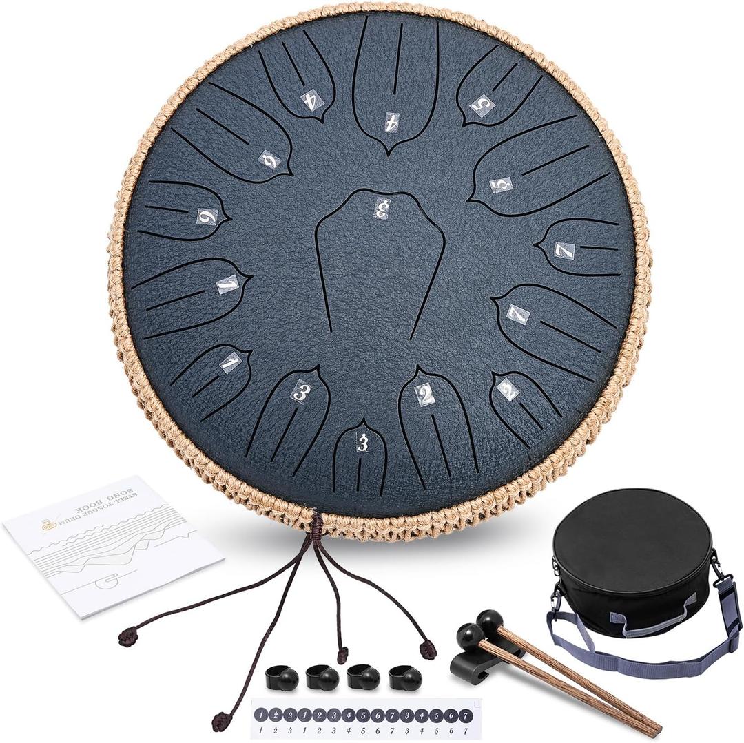 Steel Tongue Drum - 13 Inch 15 Notes C-key Handpan Drum Percussion Instruments with Music Book for Musical Education Entertainment Meditation Concert Mind Healing Yoga Zen (Navy Blue)