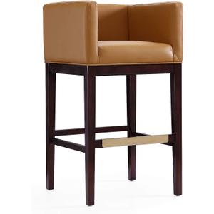 Manhattan Comfort Kingsley Faux Leather Barstool, Mid Century Modern Design, Walnut Beech Wood with Gold Metal Footrest, Fully Assembled Bar Stool for Kitchen Seating, 30" Seat Height, Set of 1, Camel