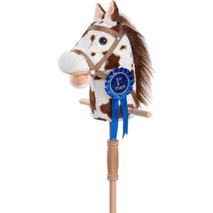 HollyHOME Stick Horse Plush with Detachable Blue Ribbon Champion Hobby Horse on Stick with Wood Wheels Real Pony Neighing for Kids Toddlers Appaloosa 36 Inches(AA Batteries Required)
