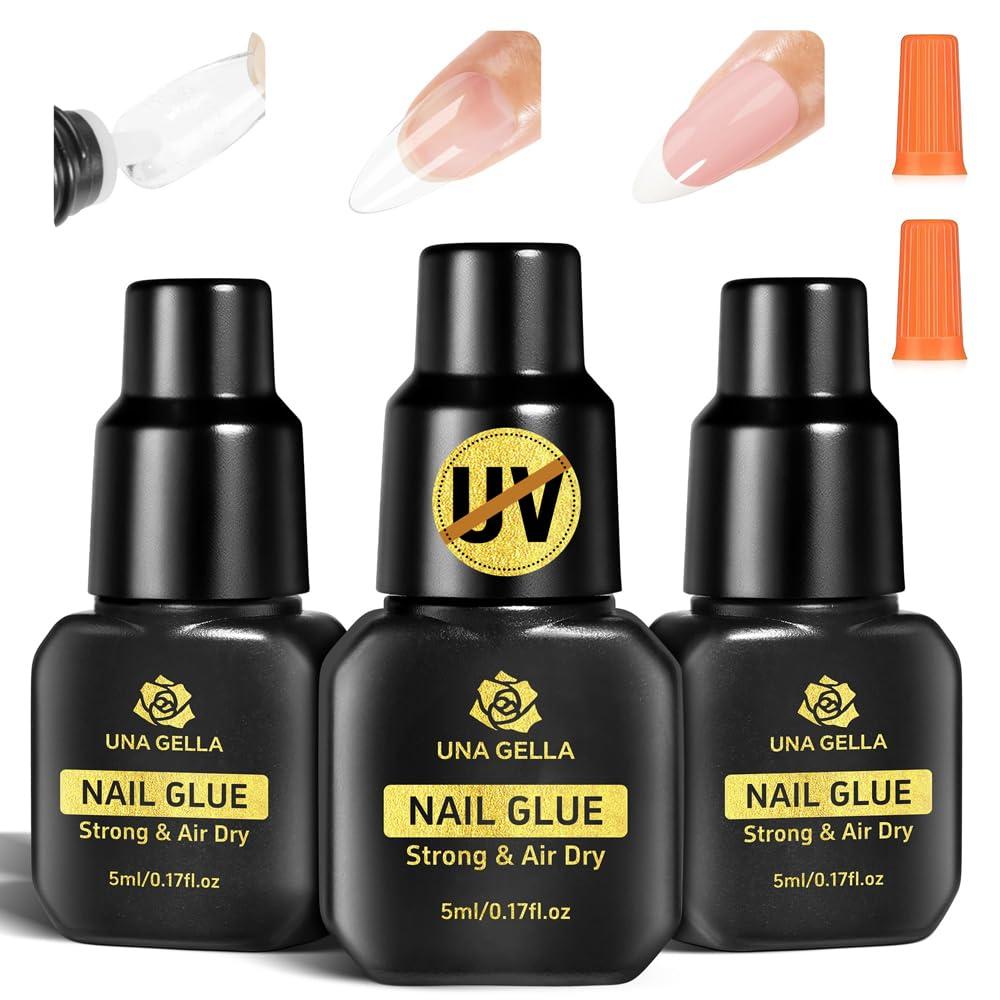 UNA GELLA Fast Drying Super Strong Nail Glue for Press Ons(5ML*3PCS) Acrylic Nails Tips No U/V Light Needed Press On Nail Glue Salon Quality Professional Nail G lue Home DIY with Opener, Drip Use