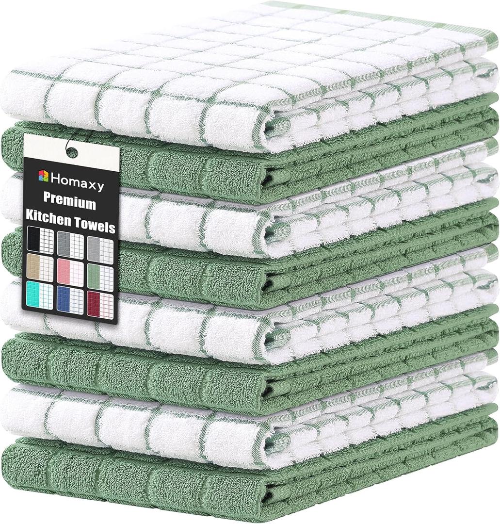 Homaxy Premium Cotton Kitchen Towels 16"x 28", Large Natural Ring Spun 390 GSM Dish Towels, Super Absorbent Terry Kitchen Hand Towels, Soft Tea Towel with Hanging Loop, Grass Green Check, 8 Pack