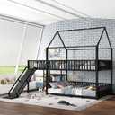 Full Metal House Bunk Bed with Storage Stairs, Slide & Safety Rails, Kids Loft Bed (Black + MDF + Metal + Full)