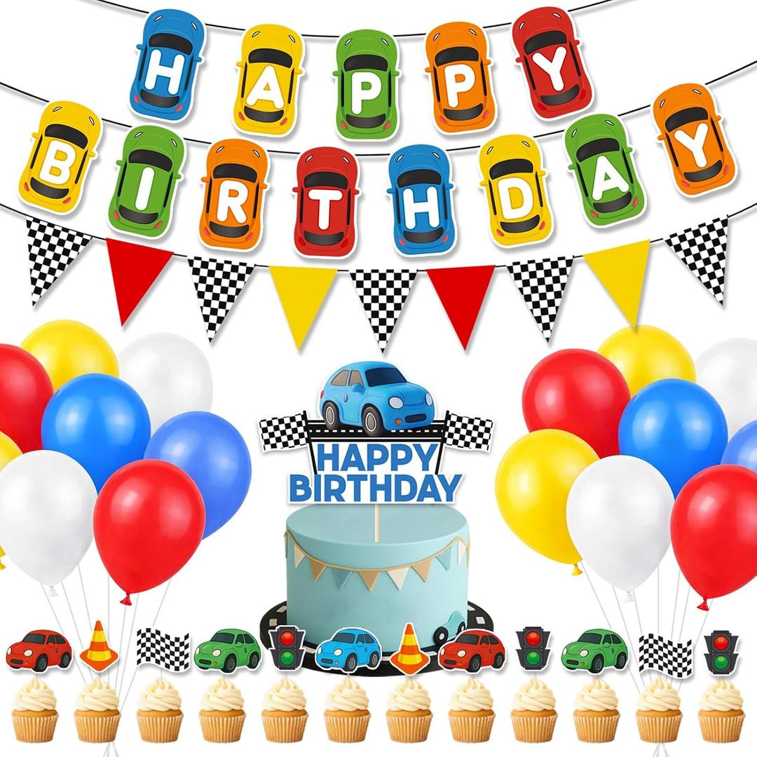 Race Car Birthday Party Decorations, Car Birthday Decorations with Happy Birthday Car Banner & Flag Banner, 24 Balloons, Race Car Cake Topper and 24 Cupcake Toppers