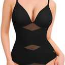 Nebility Womens Shapewear Bodysuit Tummy Control Shapewear Thong Backless Body Shaper Deep V-Neck Body Suit with Built in Bra, Size 2 XL