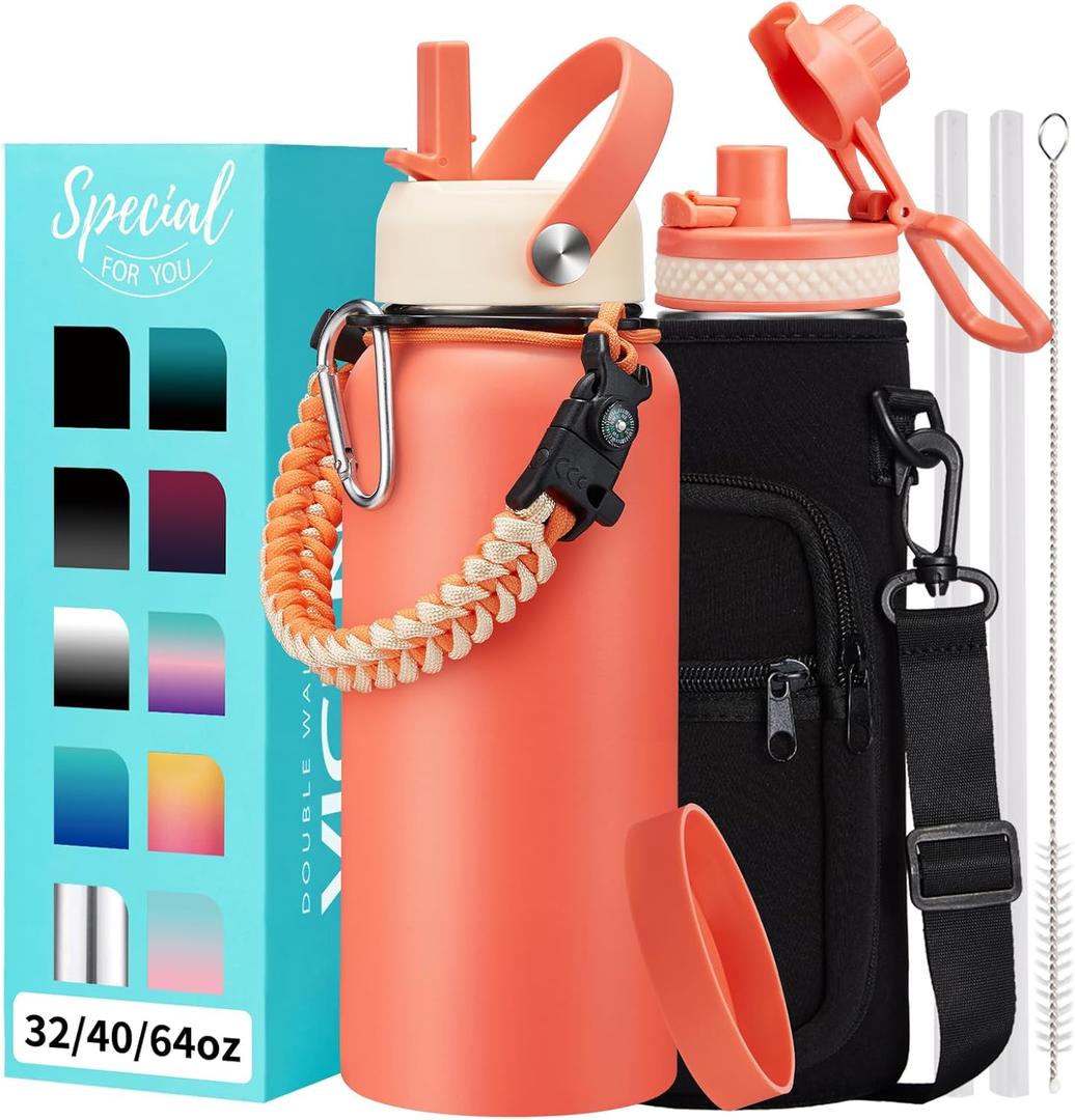 Insulated Water Bottle 32oz with Straw - Pop-up Spout Lid, Paracord Handle, Strap Shoulder Carrier, Protective Boot, Wide Mouth Triple Walled Vacuum Stainless Steel Water Flask for Men Women Gym (Coral Orange)