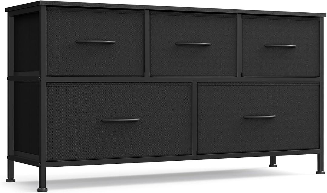 SONGMICS Dresser for Bedroom, Wide Dresser with 5 Fabric Drawers Chest of Drawers with Steel Frame, for Closet & Entryway, Ink Black and Ebony Black, BELLAH Collection ULGS322B01S, Size: 11.8"D x 38.9"W x 20.6"H (5 Drawers)