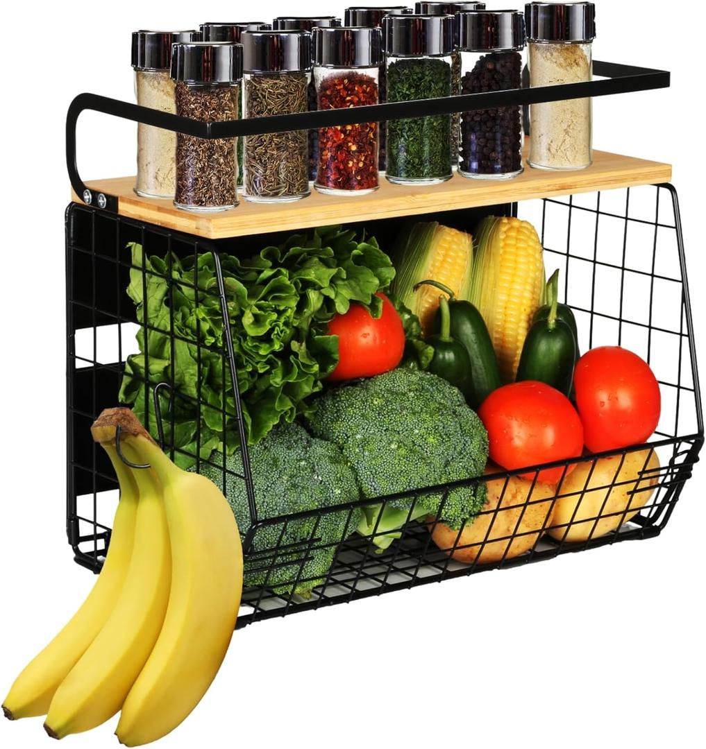 Magnetic Shelf for Fridge with Wood Lid, Fruit Potato and Onion Storage Bins, Pantry Organizers & Storage, Large Container Magnetic Spice Rack for Refrigerator, Kitchen Counter, Cabinet (1, Black)