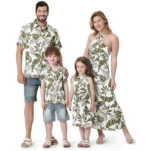 PATPAT Family Matching Summer Outfits, Hawaiian Vacation Women Beach Dress, Girls Sundress, Men and Boys Button Down Shirt, L